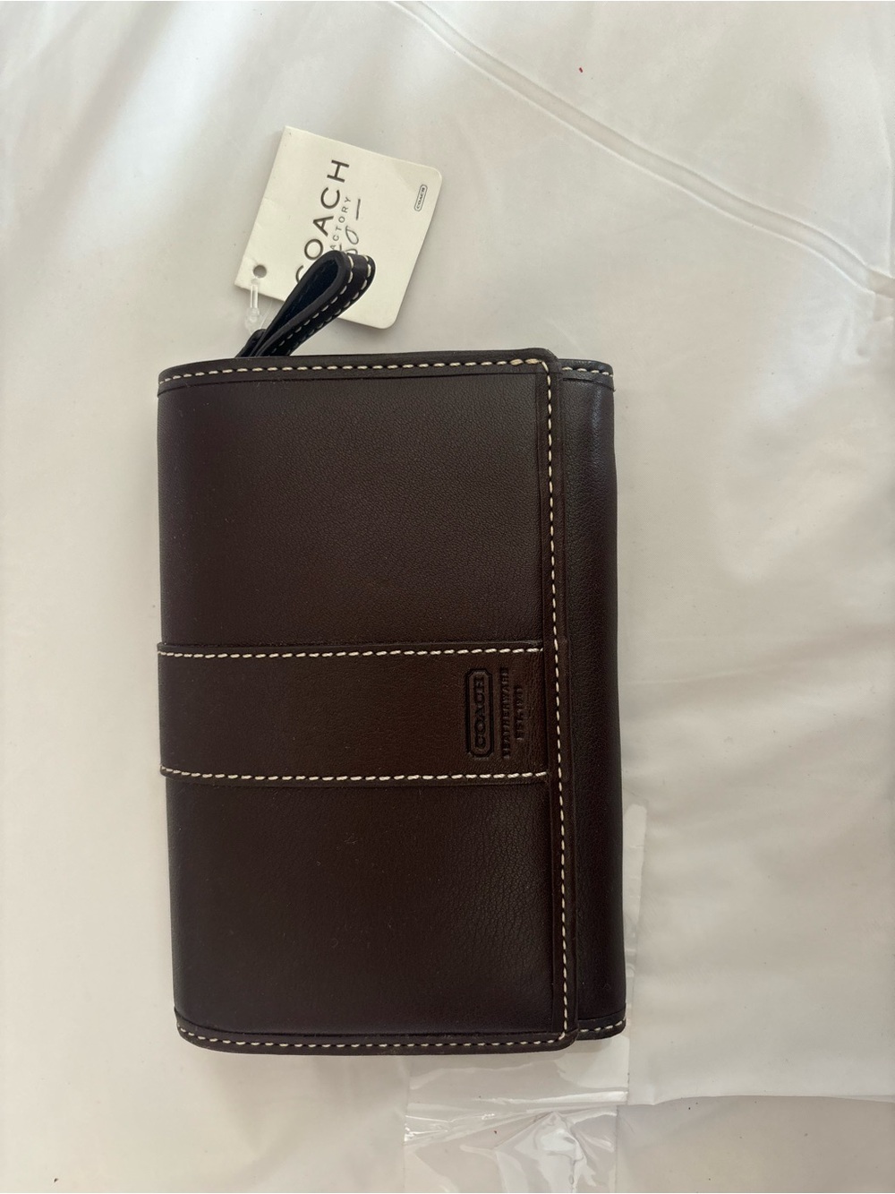 Coach Dark Brown Leather Travel Wallet with White Contrast Stitching